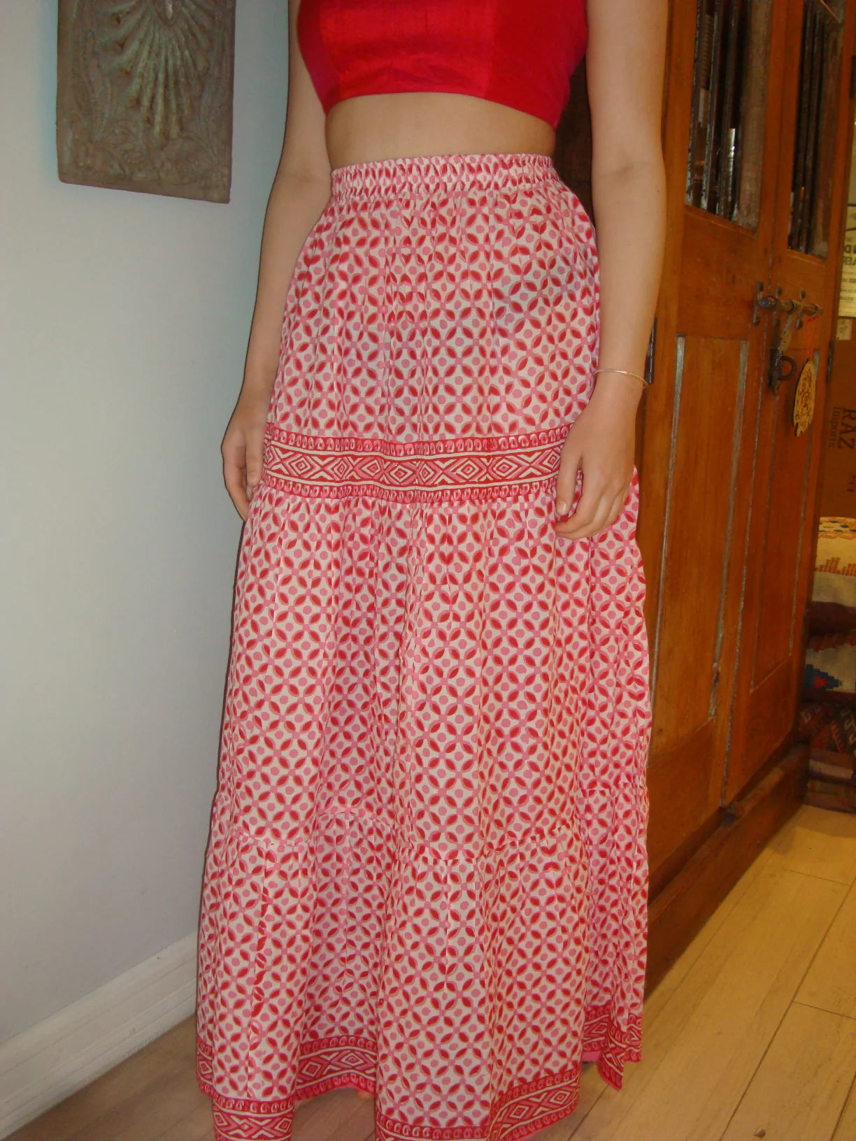 KHILE SKIRT - PINK BLOCKPRINT ON COTTON