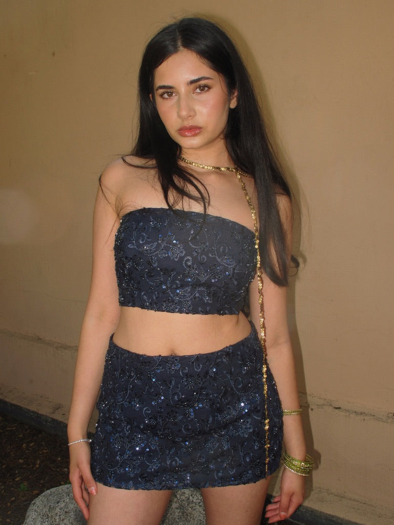 MICRO MINI - NAVY BEADED FLORAL