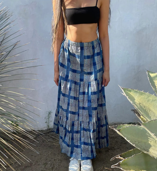 KHILE SKIRT WHITE BLUE BLOCK PRINT